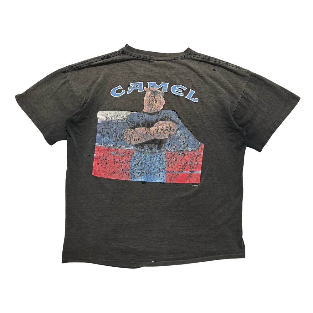 VTG 90's Camel Faded Distressed Paint Splattered Graphic Pocket T-Shirt Black L